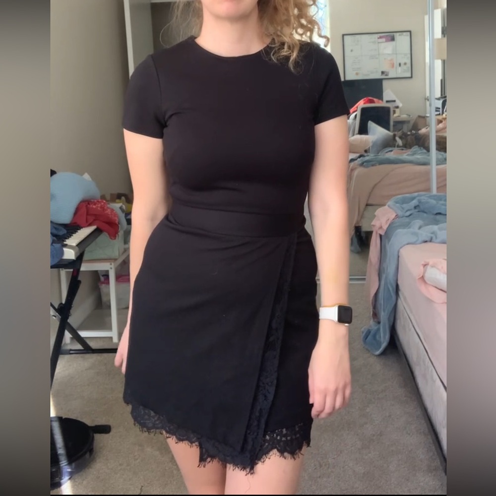 French Connection Mini sheath Cocktail Dress Black lace envelope skirt 4